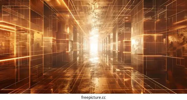 Abstract Digital Tunnel with Glowing Lines and a Bright Light at the End