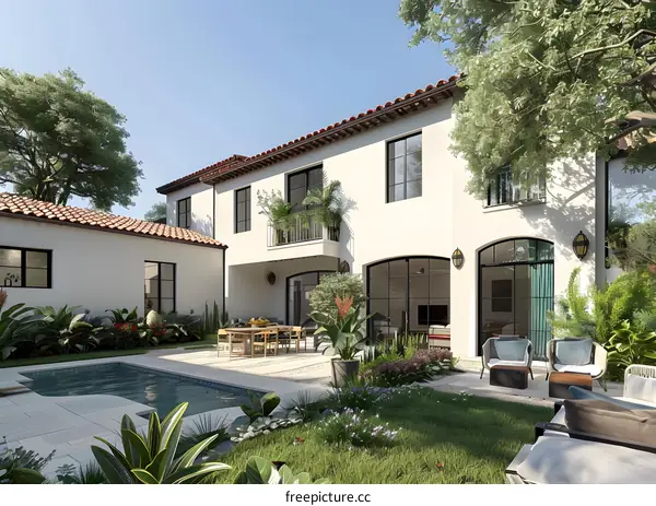 Modern Home Exterior with Swimming Pool and Lush Greenery