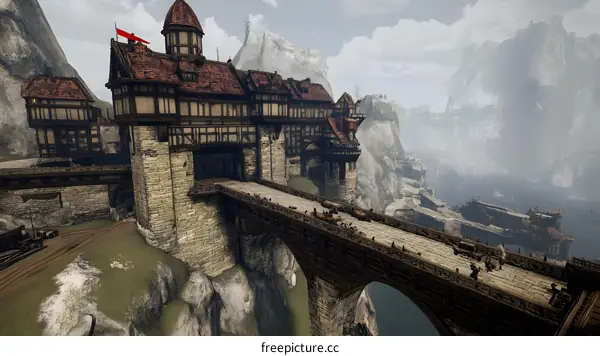 Medieval Castle Bridge Overlook Mountain Landscape