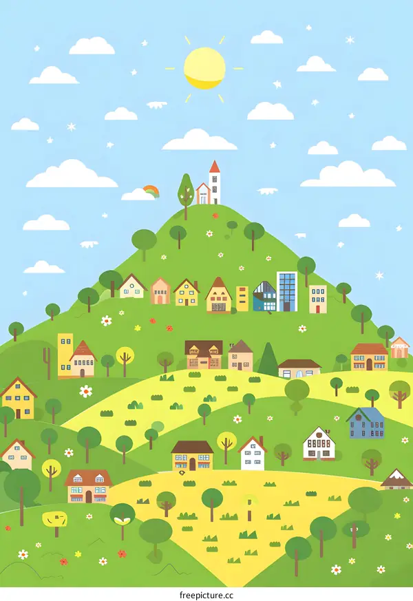 Colorful Illustration of a Small Town on a Hill