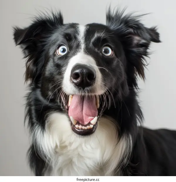 A happy Border Collie dog with blue eyes and a big smile on its face