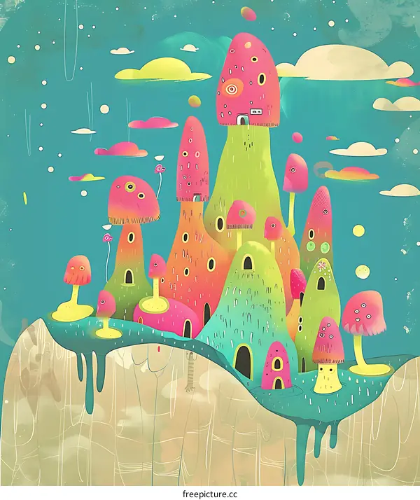 Colorful Mushroom Houses Fantasy Illustration