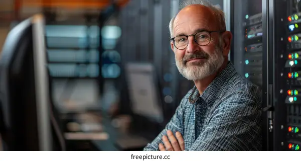 Portrait of a smiling male IT professional standing in a server room.