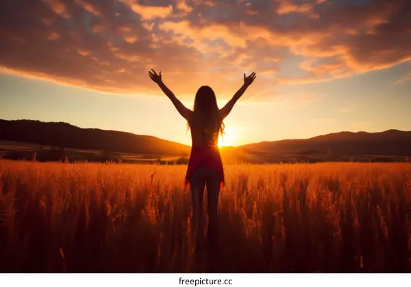girl standing in a field of wheat with her arms raised in the air