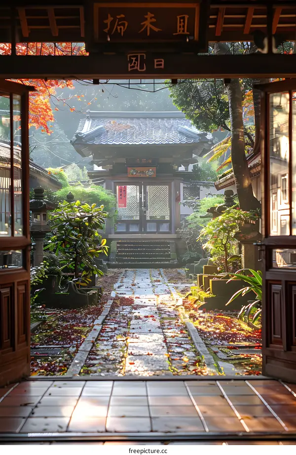 View of a Japanese Temple Through an Open Doorway