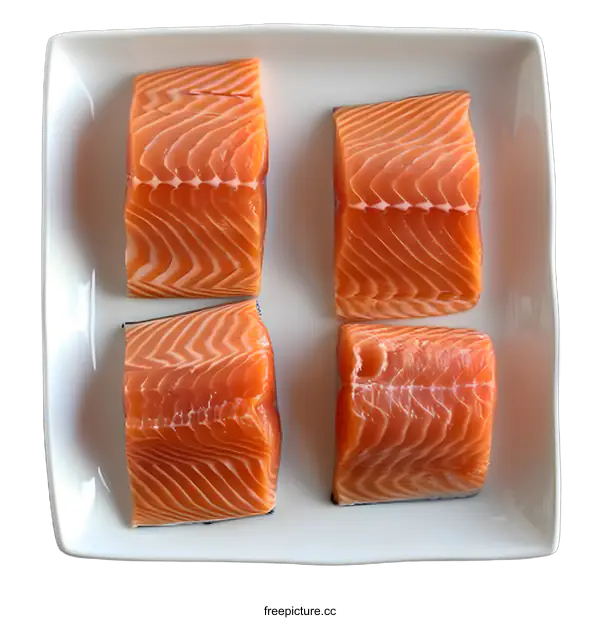[Transparent Background PNG]Fresh Salmon Fillets on a White Plate