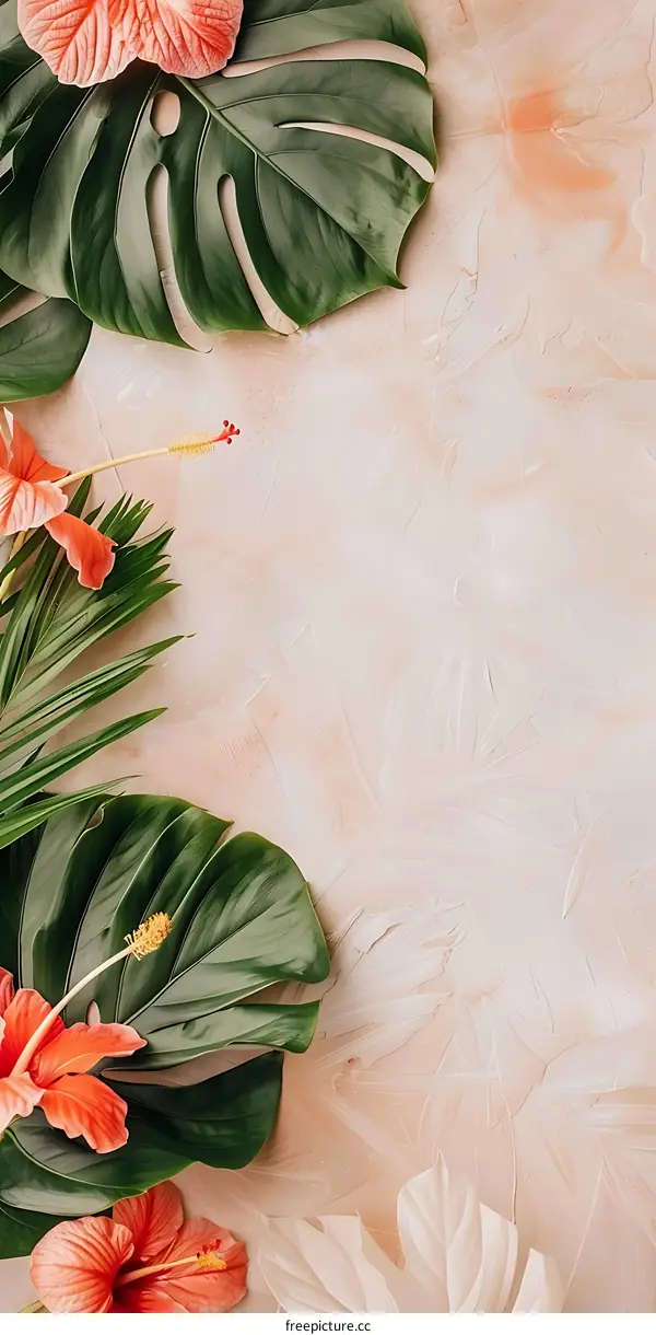Tropical Leaves and Flowers on Light Background