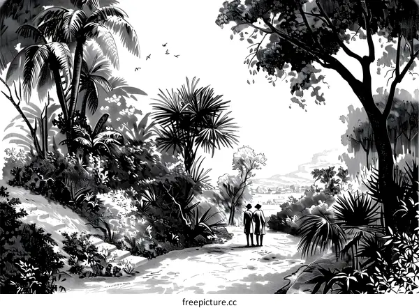 Two People Walking Through a Tropical Forest