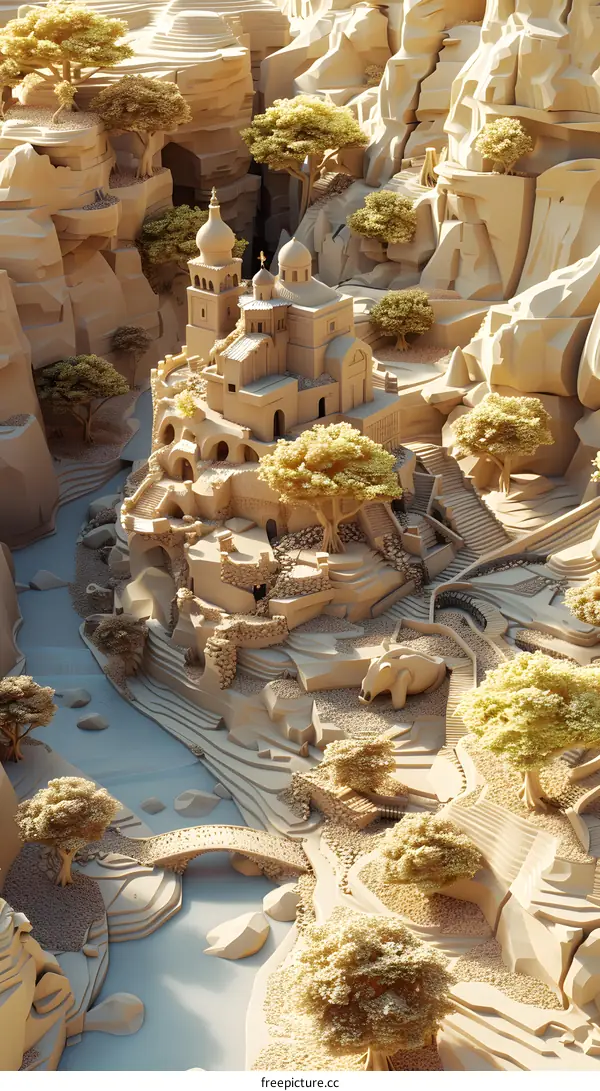 3D Illustration of a Fantasy City Built on a Cliffside