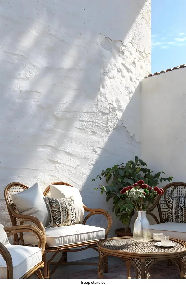 White Wall Patio With Wicker Furniture and Flowers