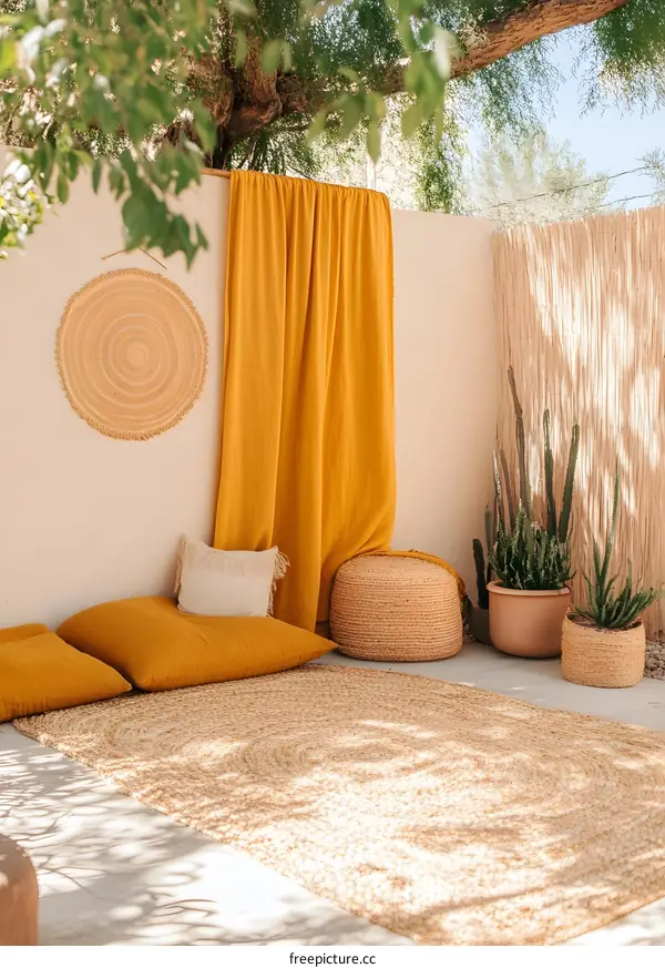 Modern Bohemian Outdoor Patio Design with Yellow Curtain and Jute Rug