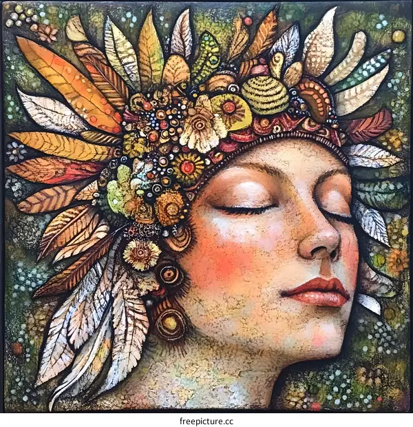 Woman With Closed Eyes Wearing a Nature Inspired Headpiece
