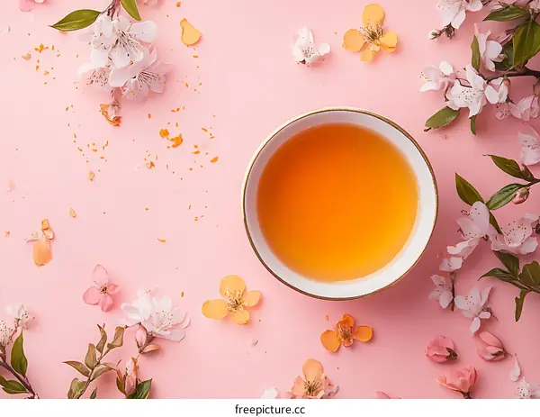 Teacup and Flowers on a Pink Background