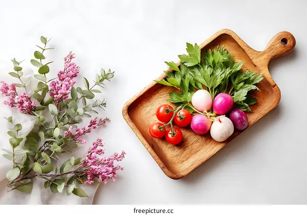 Colorful Fresh Vegetables in Wooden Tray with Flowers