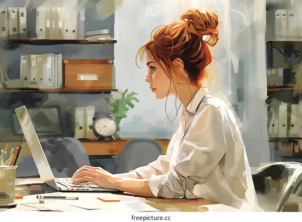 Illustration of a Woman Working on Her Laptop in an Office