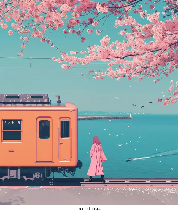 A pink-haired girl standing on a train platform with cherry blossoms in the background