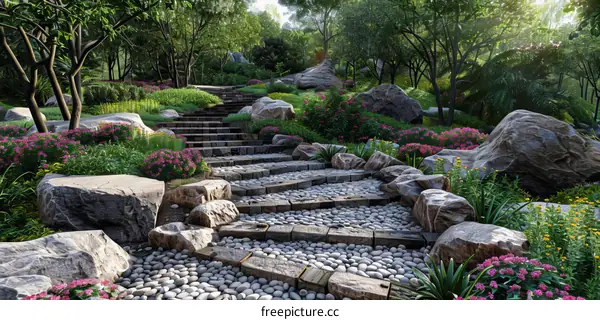 Serene Garden Pathway with Stone Steps