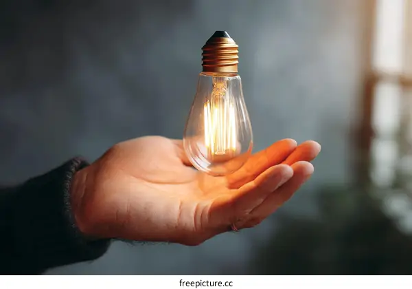 Hand Holding a Glowing Vintage Light Bulb