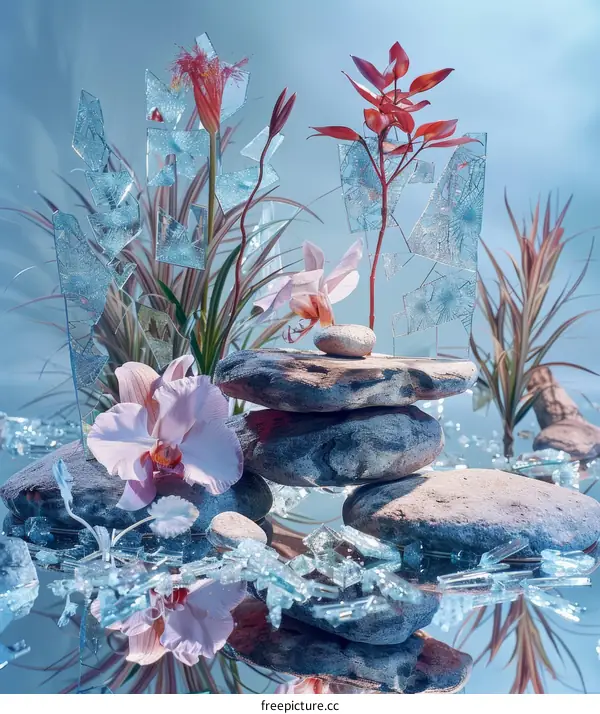 Orchid flowers and tropical leaves with balanced stones and broken glass