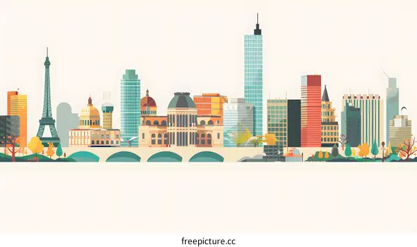 Cityscape Illustration With Eiffel Tower And Modern Buildings