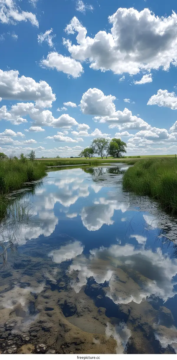 Blue sky and white clouds reflected in the water with green grass in the foreground