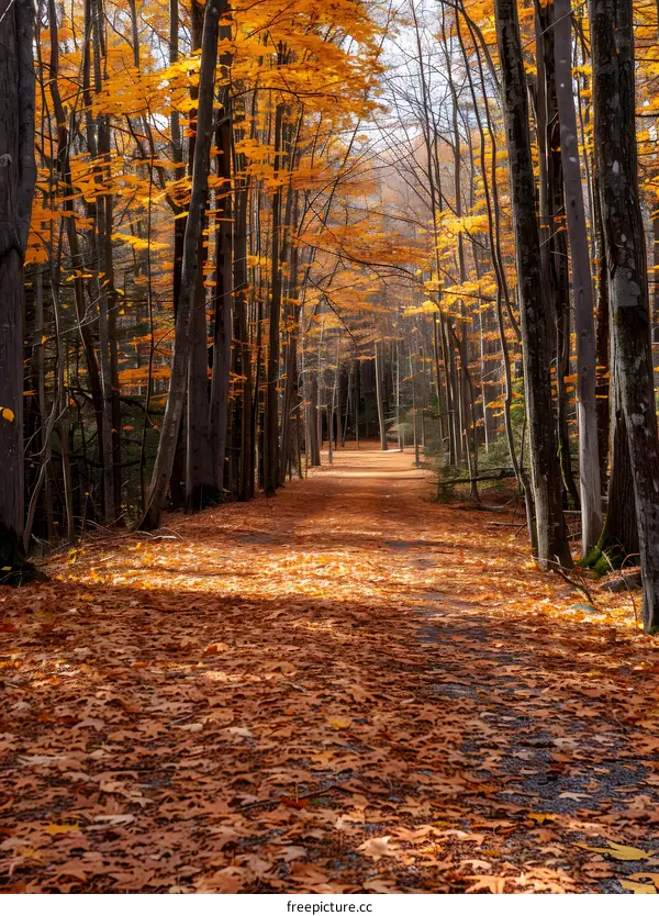 Autumn Forest Path Covered in Leaves