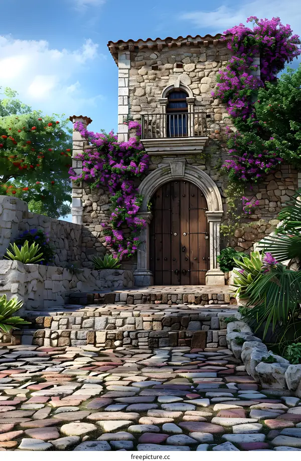 Stone Cottage with Flowers and Cobblestone Pathway