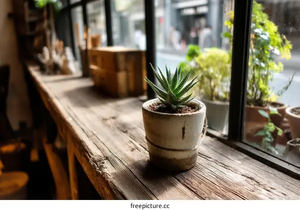 Rustic Wooden Windowsill with Succulent Plant