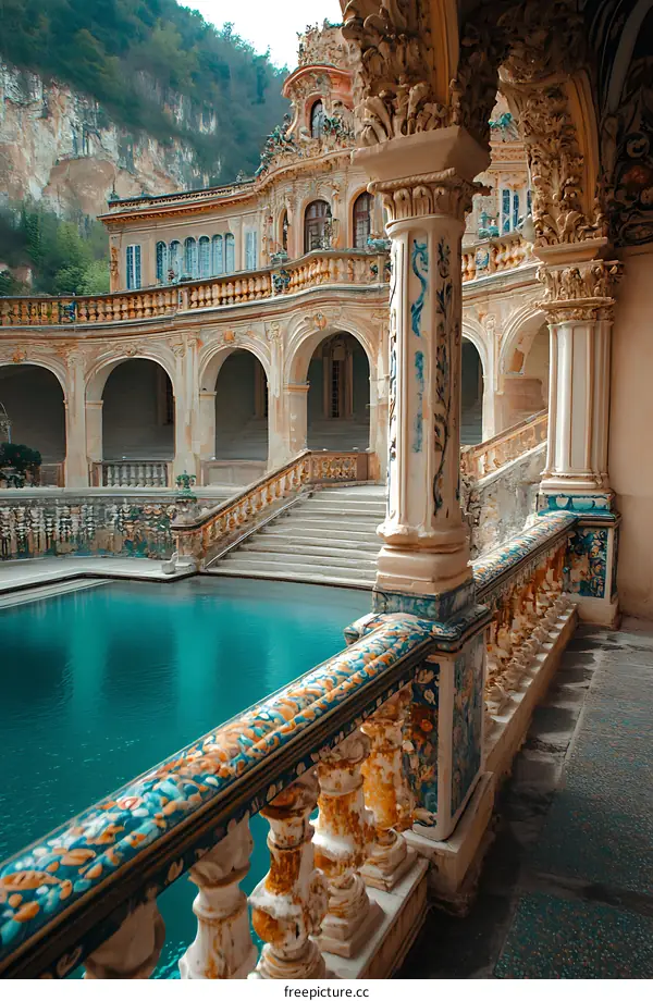 Blue Pool and Ornate Architecture in Historic Palace