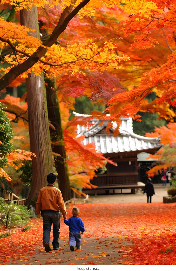 Autumn Foliage Pathway with Father and Son
