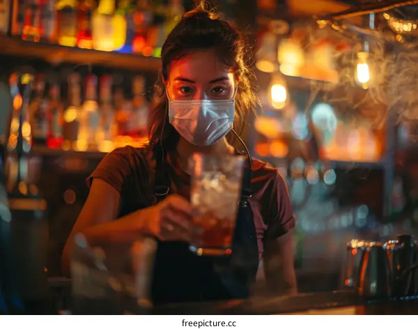 Asian bartender wearing a mask and holding a cocktail