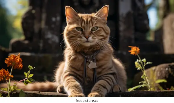 Close-up portrait of a ginger cat sitting on a stone wall in a garden