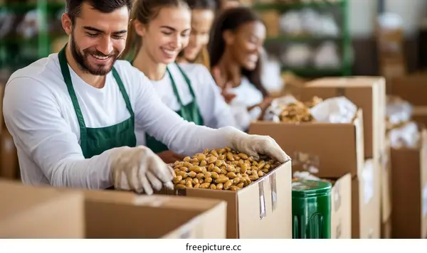 Food Processing Workers Packing Almonds in a Warehouse