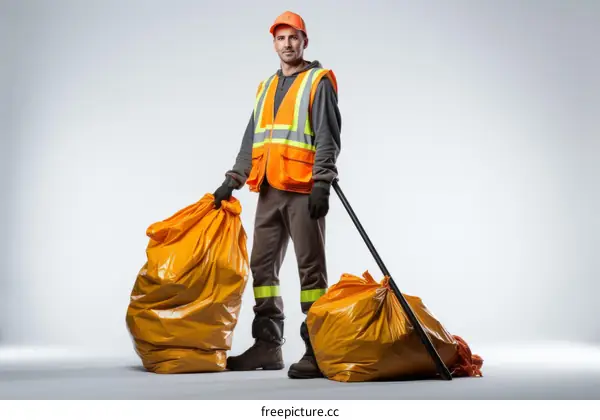 Portrait of a sanitation worker in uniform holding two large garbage bags