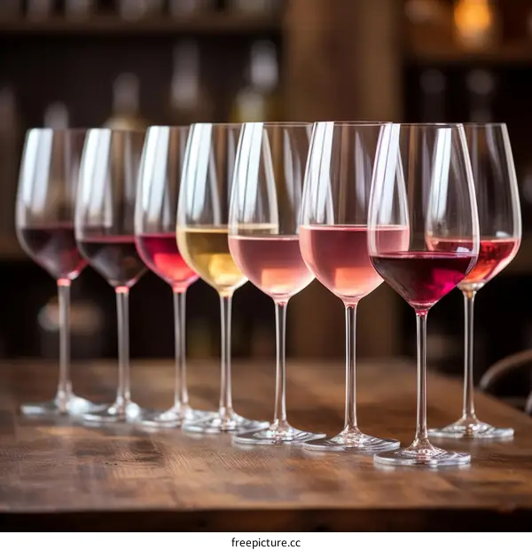 Red, White, and Rose Wine in Glasses on a Wooden Table
