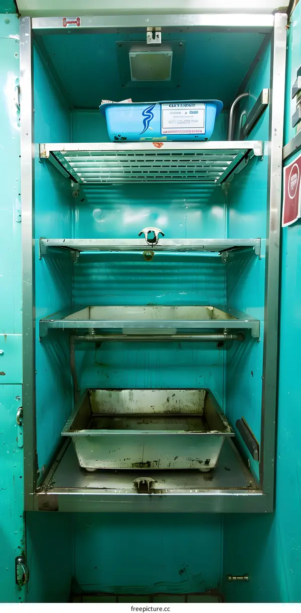 Green Metal Shelf Inside a Blue Refrigerator