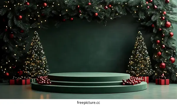 Christmas Scene with Green Podium and Decor