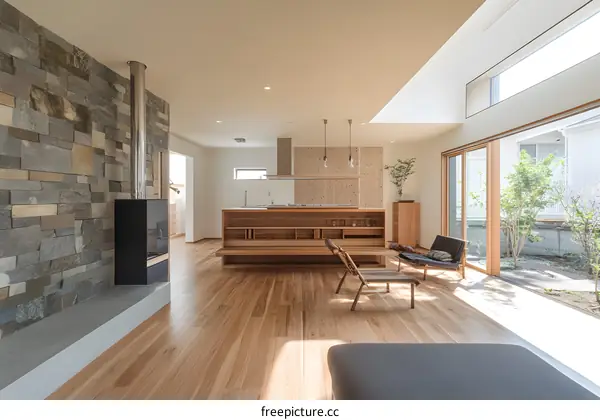 Modern Minimalist Home Interior Design with Stone Wall and Wooden Flooring