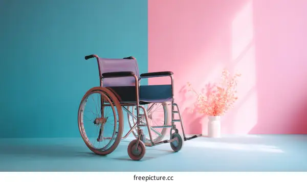 Empty Wheelchair in a Pastel Pink and Teal Room