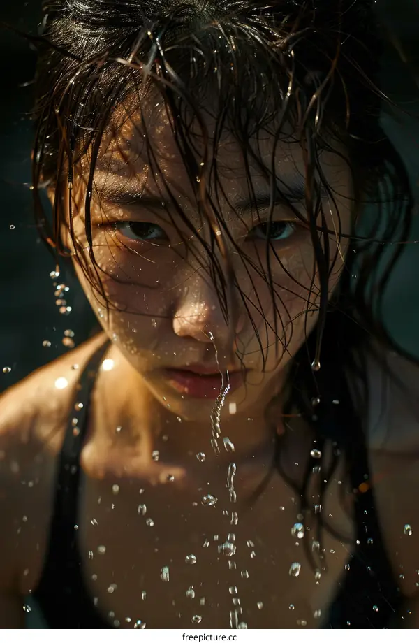 Portrait of a young woman with water droplets on her face