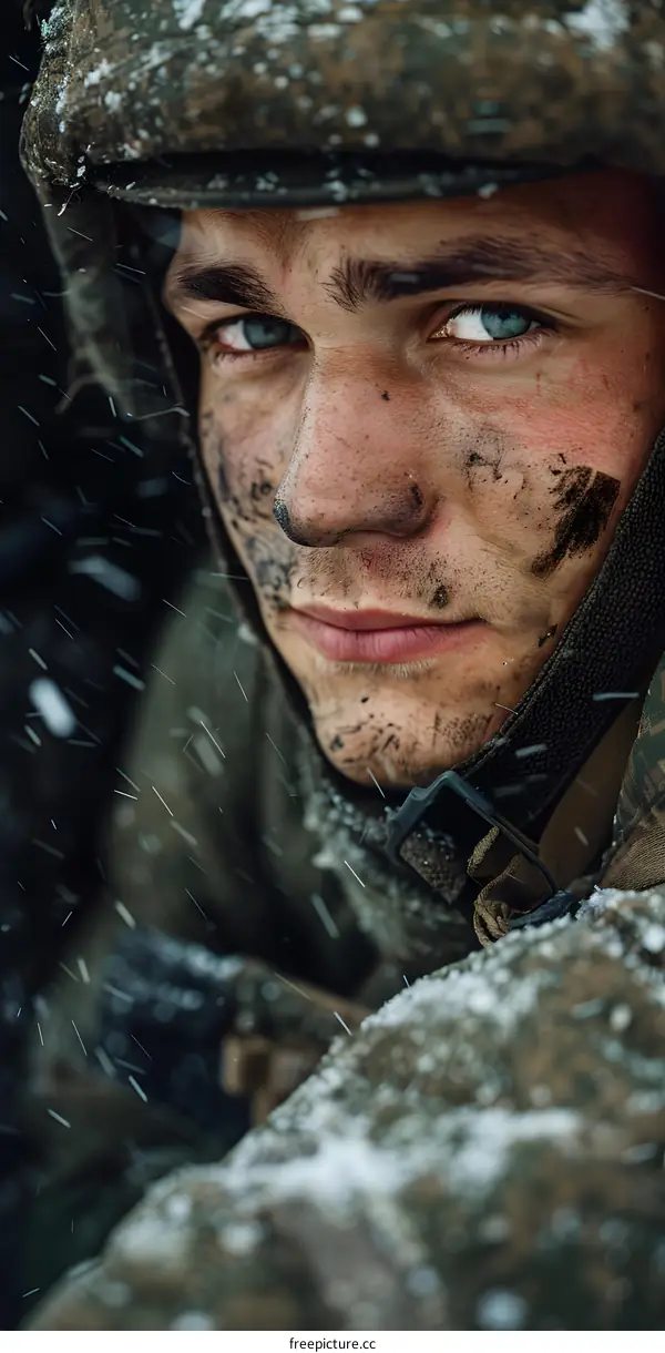 Portrait of a soldier with blue eyes and a dirty face