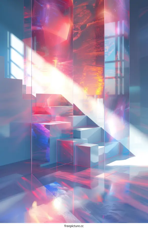 Surreal Glass Staircase with Colorful Light Reflections
