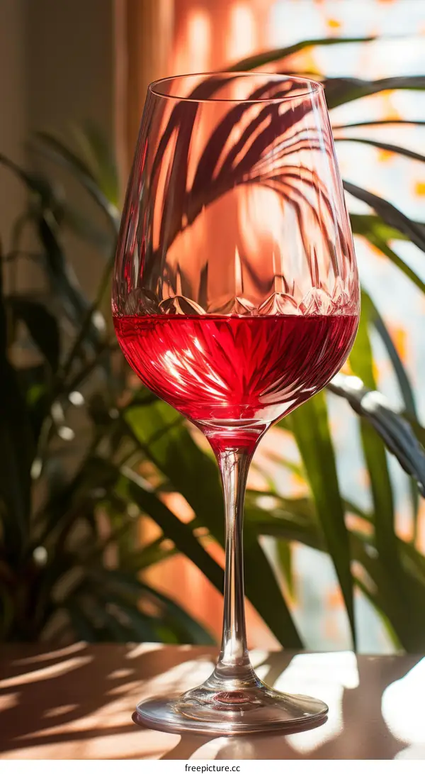 Red wine in glass with green leaves background