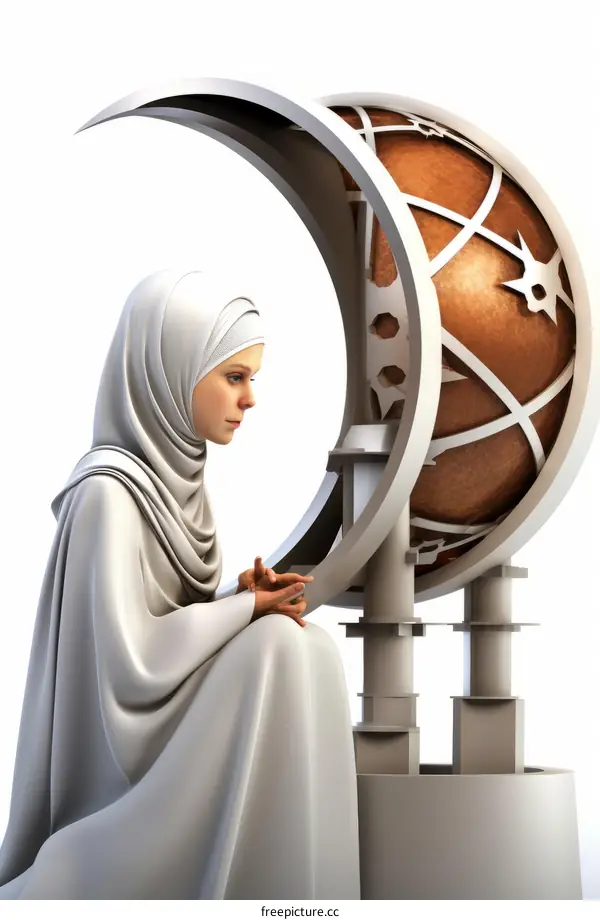 A woman wearing a hijab is sitting in front of a crescent moon.