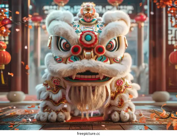 A majestic lion dance featuring elaborate patterns and vibrant colors, performed in a temple during a festival