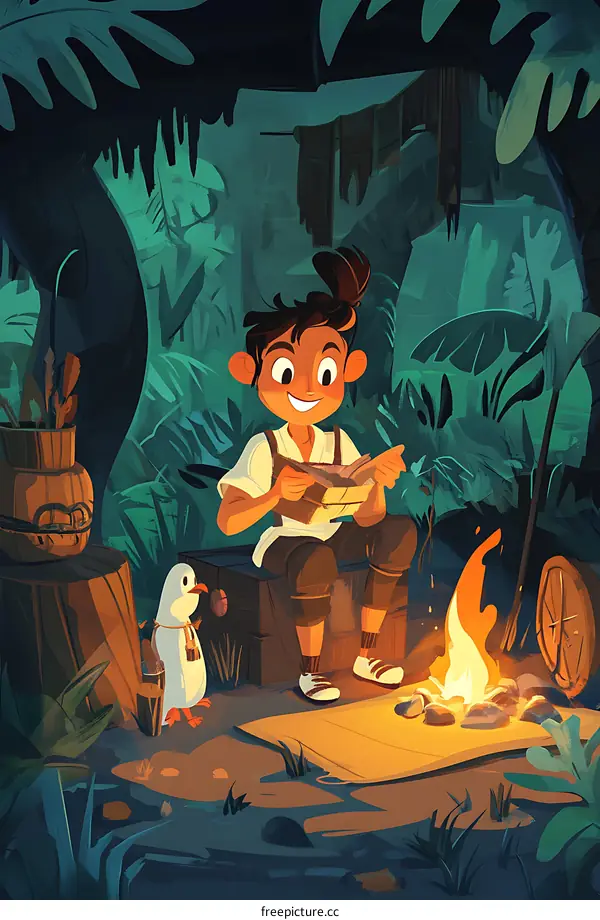 Girl Reading in the Jungle at Night with Penguin