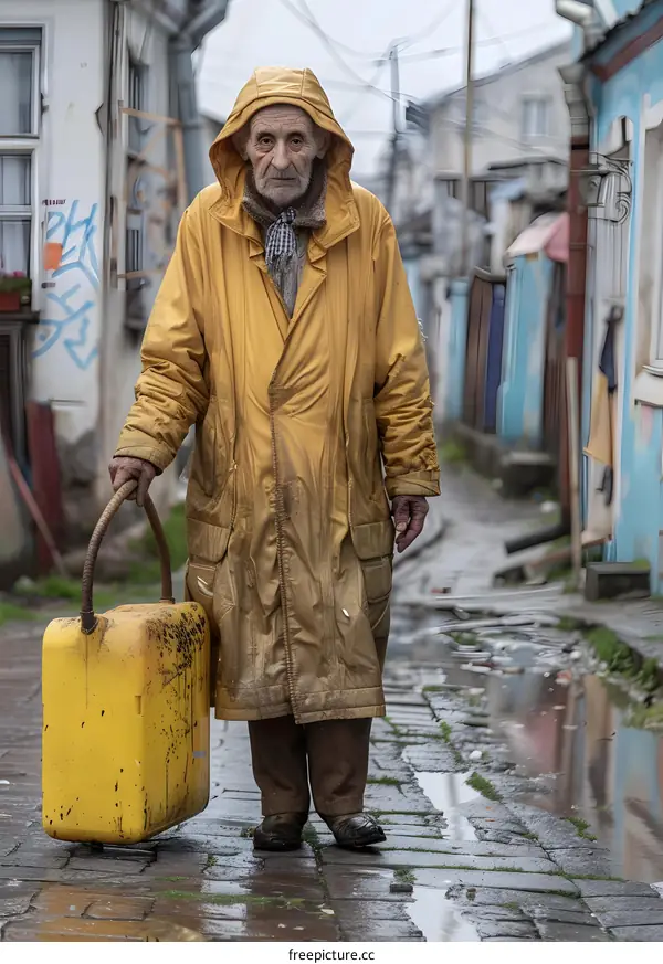 Elderly Man Carrying a Yellow Can in a Wet Alleyway