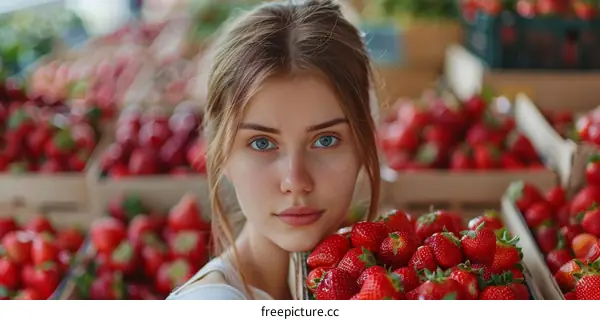 Portrait of a beautiful young woman with a basket of strawberries