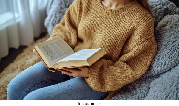 Woman Reading Book Cozy Indoor Scene