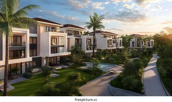 Modern Luxury Homes With Swimming Pool And Palm Trees